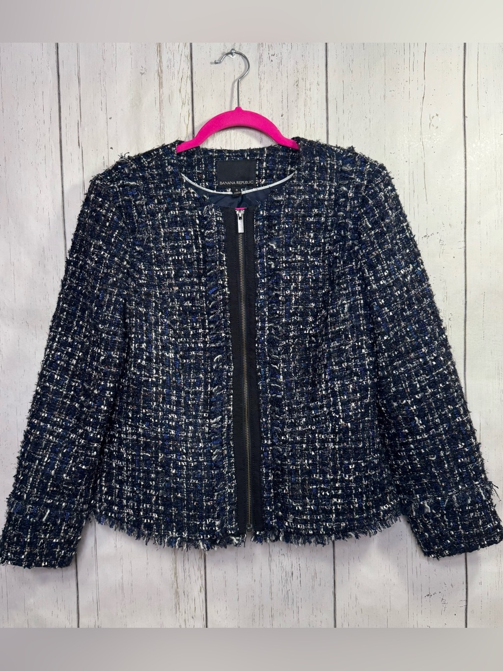 Banana Republic Navy Wool Blend Tweed Zip Up Blazer Jacket Size 8 Quiet Luxury